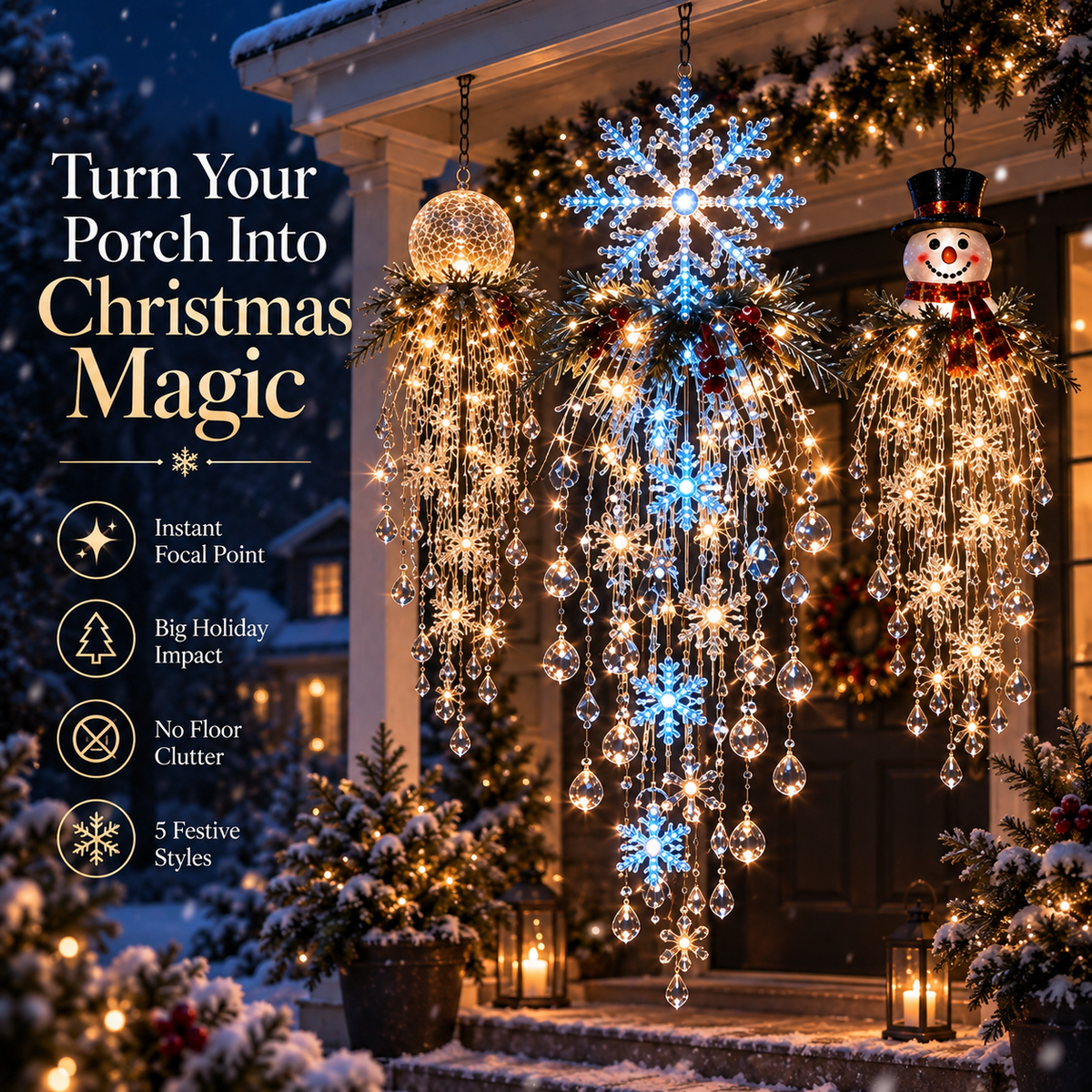 🎅 Christmas Hanging Snowflake & Crystal LED Light | Magical Porch Glow ✨